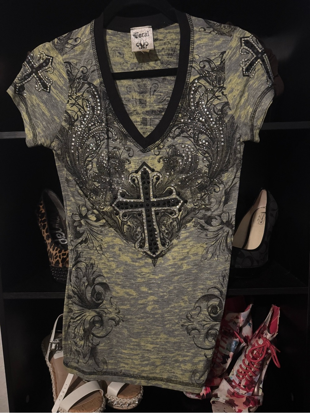 Vocal Yellow-Grey Short Sleeve V-Neck Cross Embellished Tee